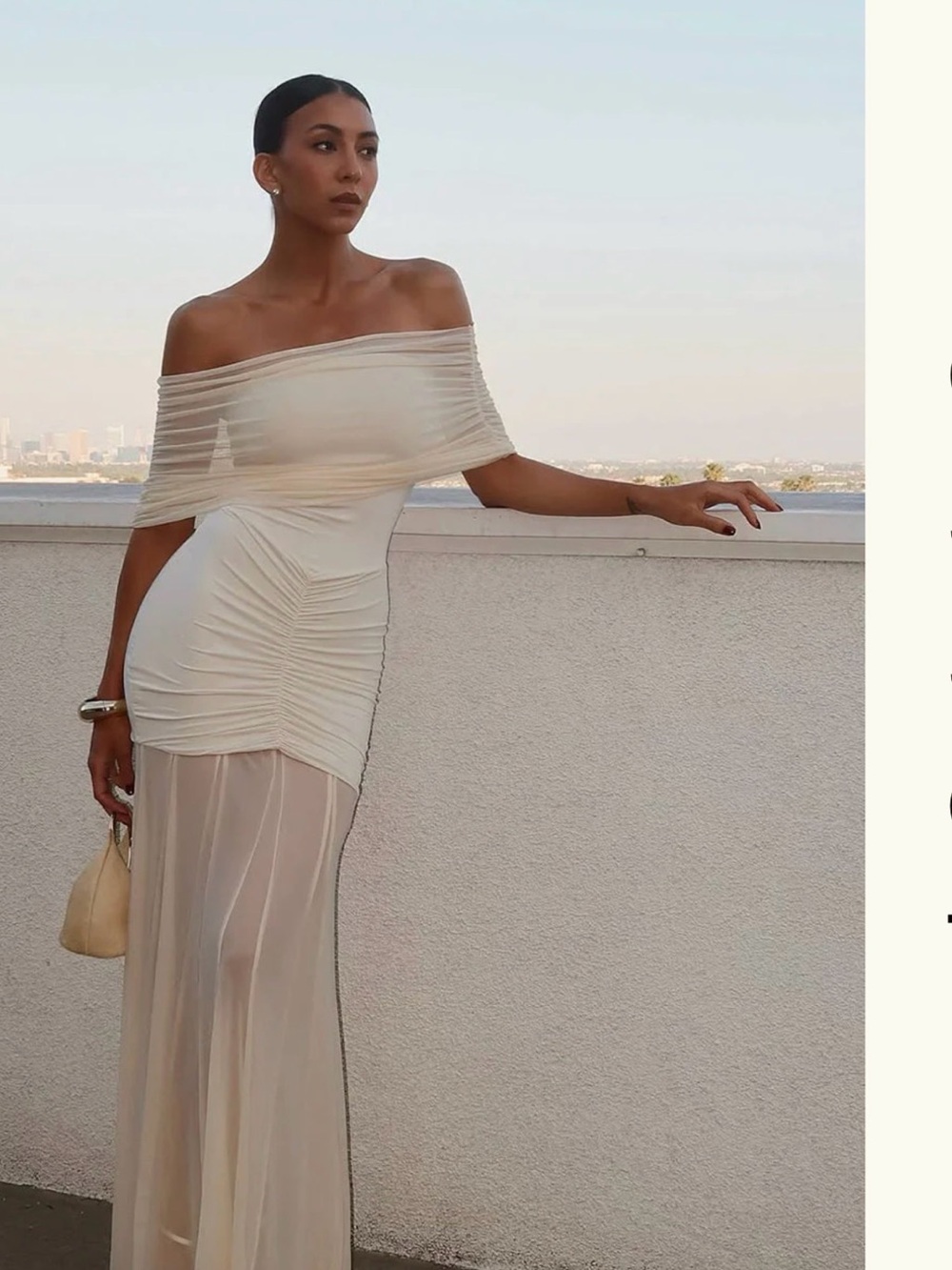 Meshki Cream Off-Shoulder Ruched Maxi Dress